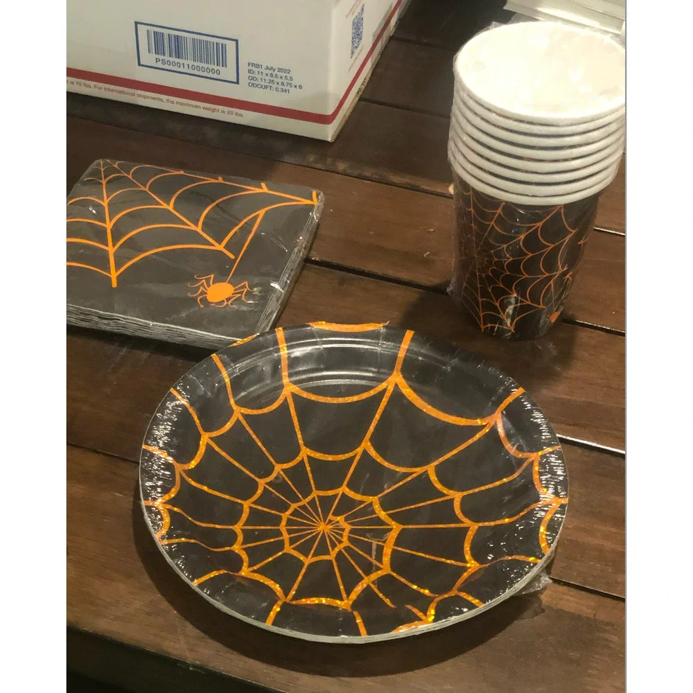NWT HALLOWEEN PARTY Bundle Dessert Plates Napkins Cups Set Spider‎ Web Spider